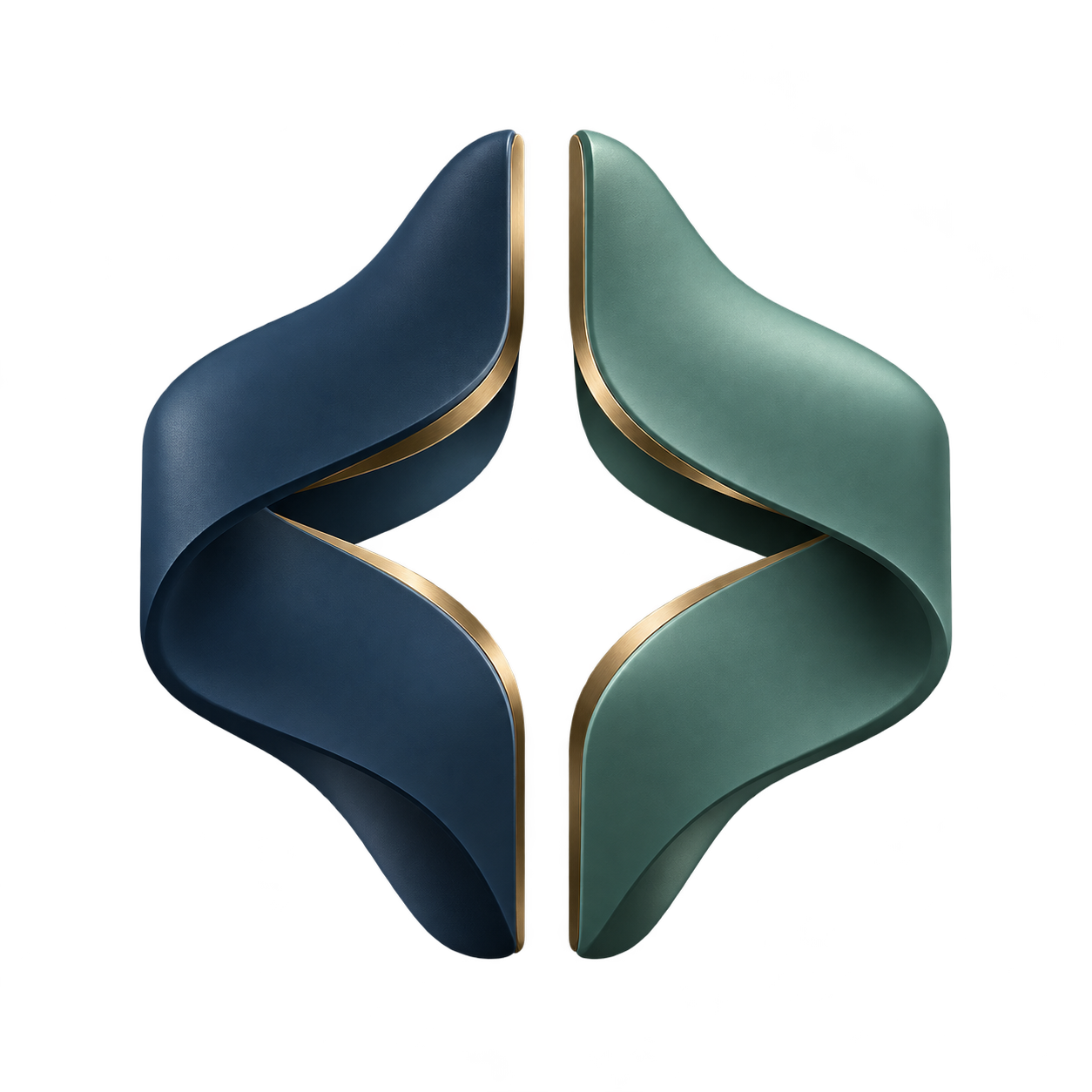 A transparent sculptural interpretation of the Mizan symbol in midnight blue and mineral green.